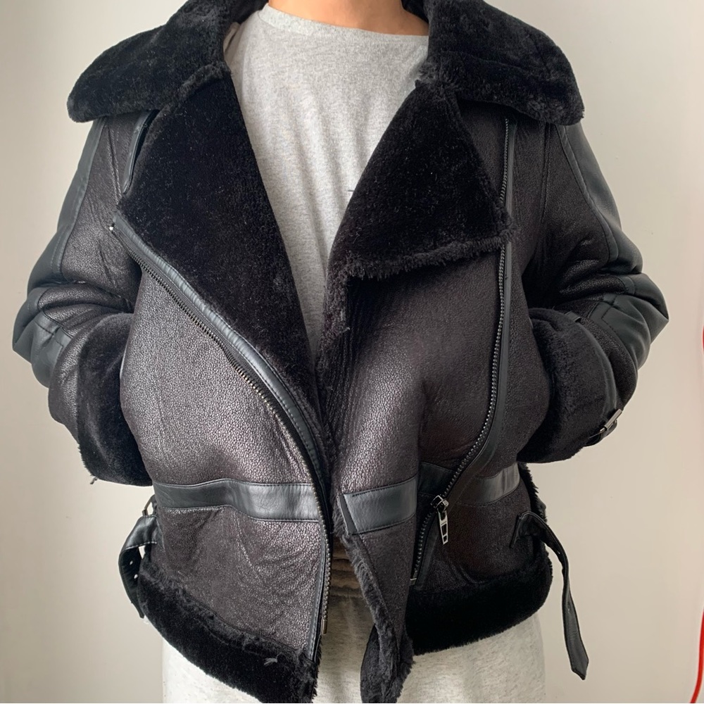 Black faux leather shearling